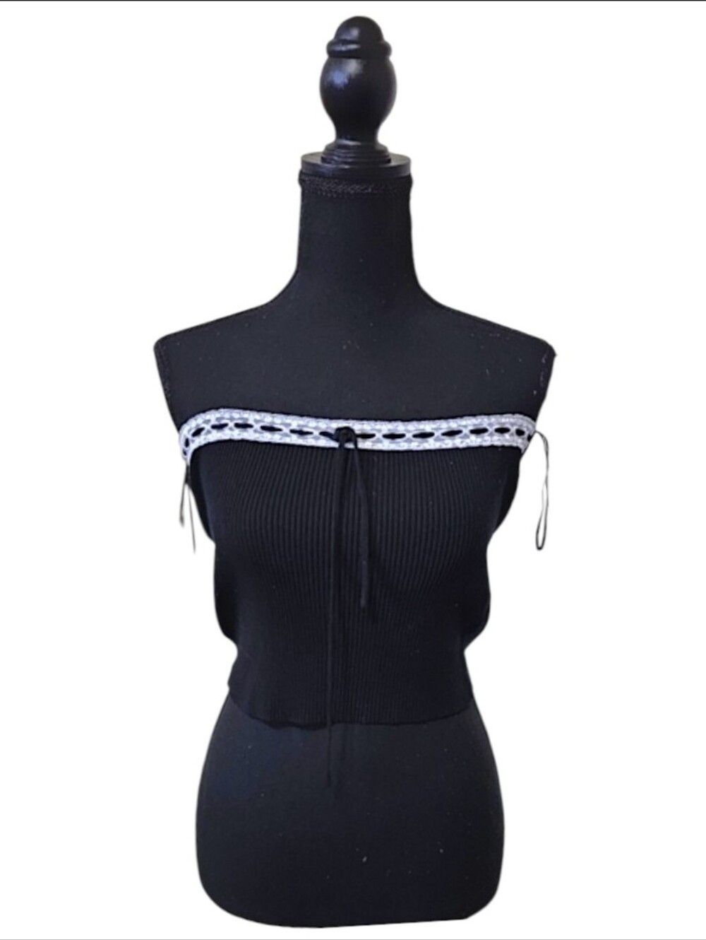 Pretty Garbage Y2k Black Lace Trim Bow Tie Rib Strapless Crop Top M
